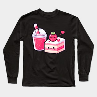 Kawaii Style Cute Strawberry Cake and Drink | Cutesy Design for Kawaii Food Lovers Long Sleeve T-Shirt